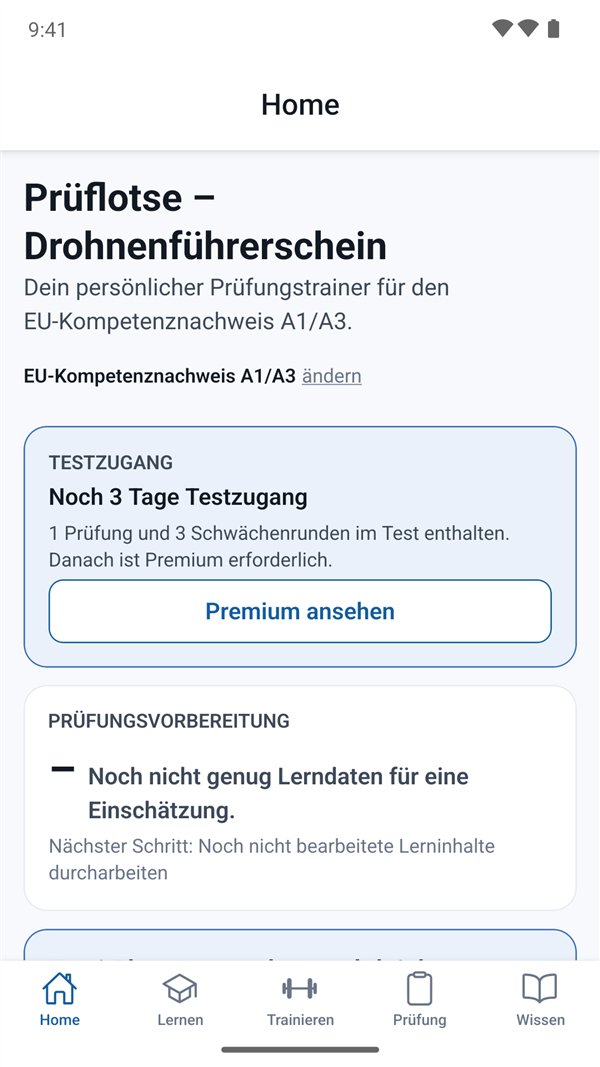 Startseite mit Testzugang und Prüfungsvorbereitung