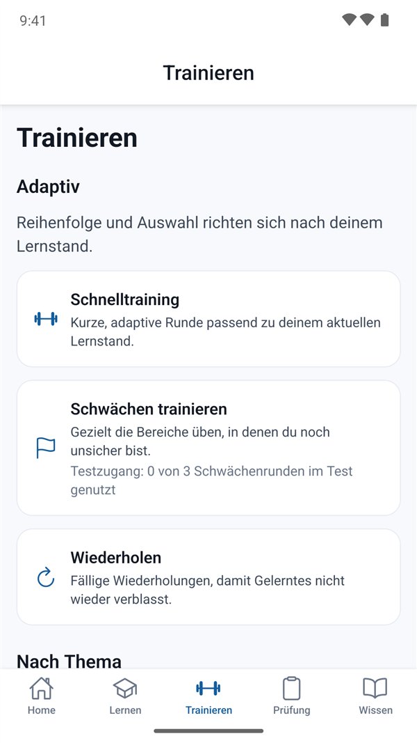 Trainingsbereich mit Schnelltraining, Schwächen und Wiederholen